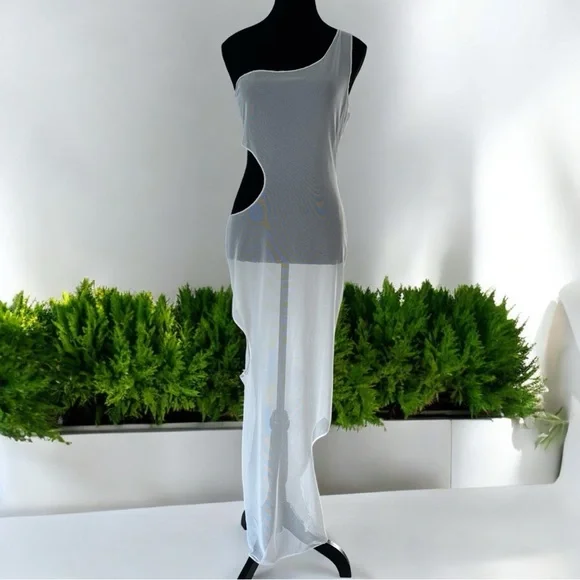 PrettyLittleThing White Sheer Cut Out One Shoulder Maxi Dress - Size M - NWT - Picture 2 of 7